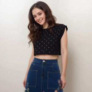 Forever 21 Gold Studded Sheer Black Crop Top Sz M